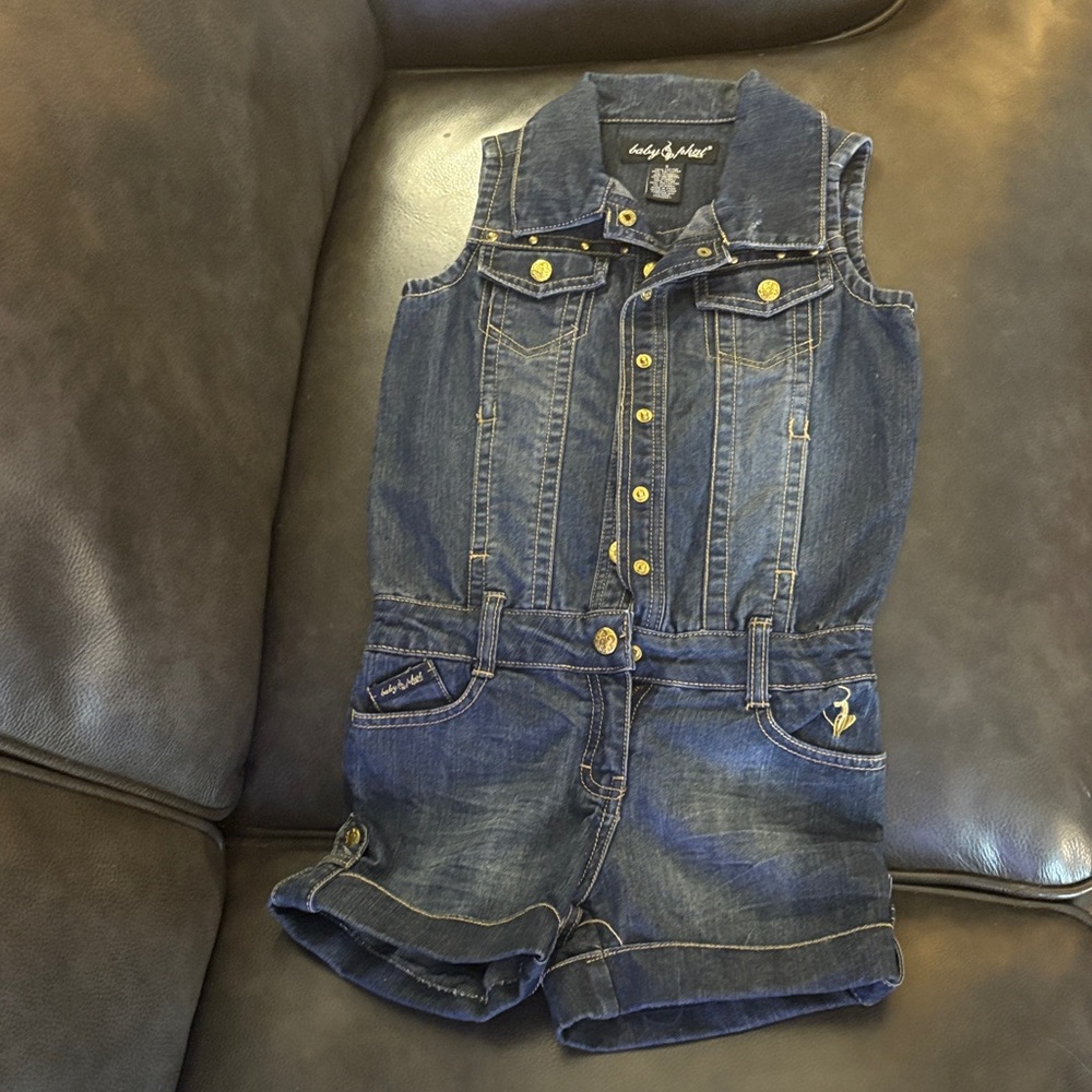 Baby Phat Denim Sleeveless Romper with Gold Accents